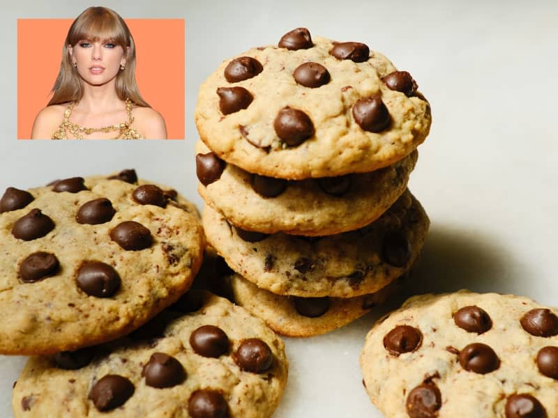 a stack of chocolate chip cookies with an inset photo of Taylor Swift