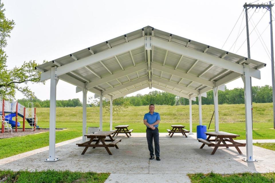 Kiwanis member Tom Bowlus stands in the new shelter house installed by Kiwanis Club of Fremont at Rodger Young Park. The structure was built as a connection between the playground built by Kiwanis in 2002 and the adjoining, inclusive playground built in 2021.