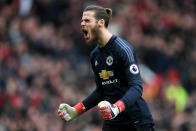 <p>United keeper David de Gea celebrates the first goal </p>