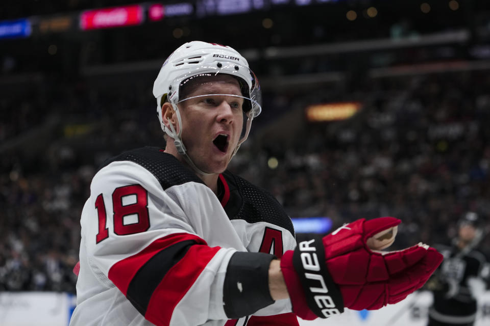 New Jersey Devils left wing Ondrej Palat reacts while speaking to a referee during the third period of an NHL hockey game against the Los Angeles Kings, Sunday, March 3, 2024, in Los Angeles. (AP Photo/Ryan Sun)