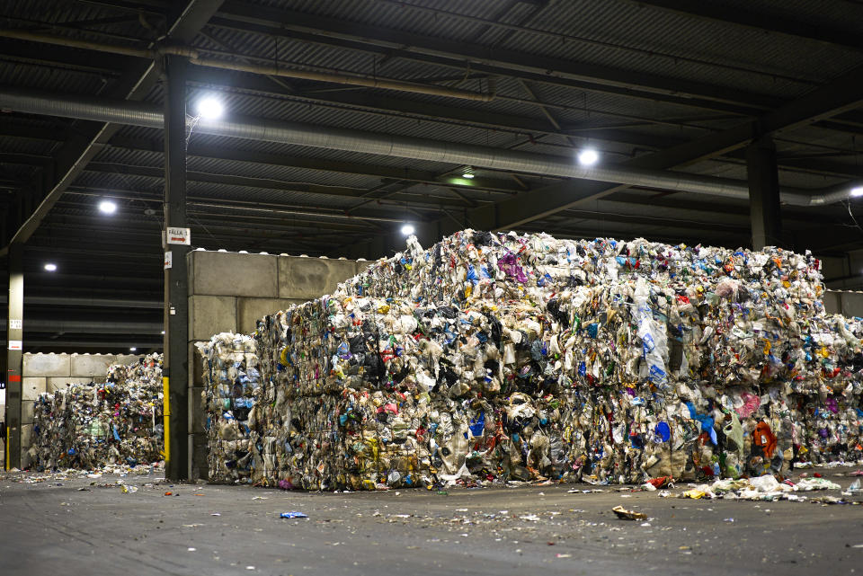 Plastic waste is stored in a new plastic waste sorting facility in Motala, central Sweden, Thursday, Nov. 9, 2023. Sweden launched a new state-of-the-art plastic sorting facility, the largest of its kind in the world, and big enough to receive all plastic packaging waste generated from Swedish households. (AP Photo/David Keyton)