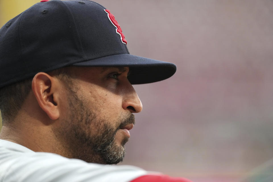 St. Louis Cardinals manager Oliver Marmol watches play during the third inning of a baseball game against the Cincinnati Reds, Tuesday, Aug. 13, 2024, in Cincinnati. (AP Photo/Kareem Elgazzar)