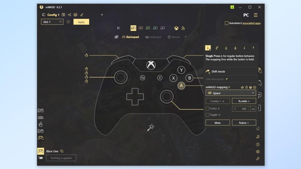 A screenshot showing how you can remap an Xbox controller to keyboard and mouse in reWASD