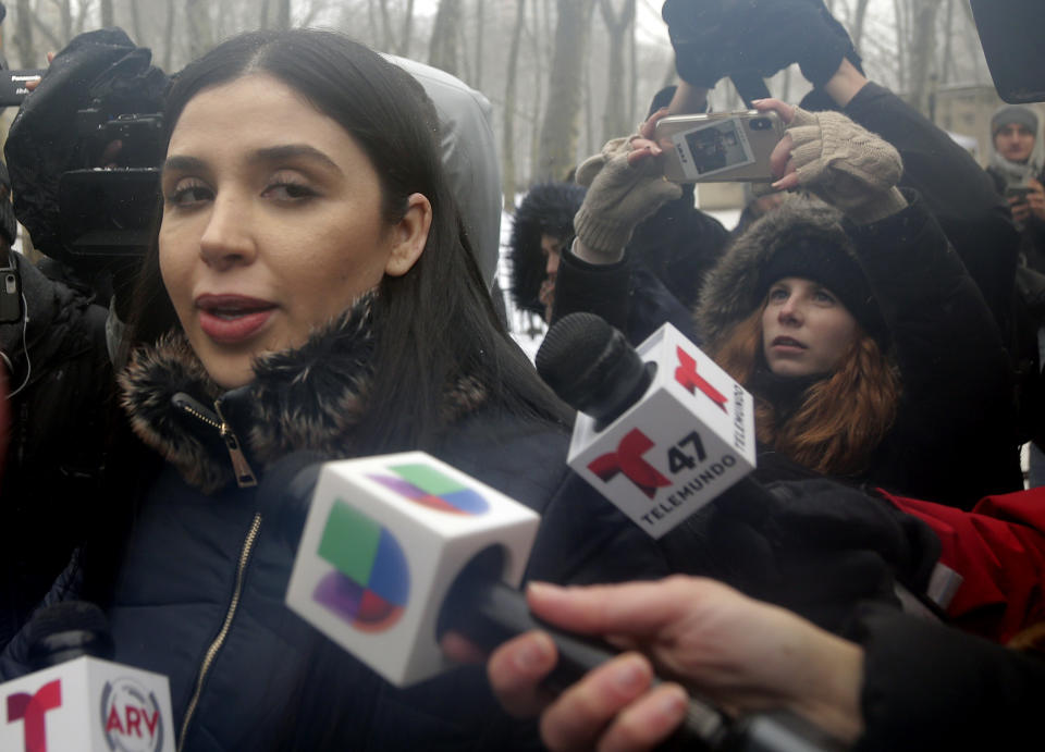 Emma Coronel Aispuro, wife of Joaquin "El Chapo" Guzman, leaves federal court in New York, Tuesday, Feb. 12, 2019. On Tuesday, Mexico's most notorious drug lord was convicted of running an industrial-scale smuggling operation after a three-month trial packed with Hollywood-style tales of grisly killings, political payoffs, cocaine hidden in jalapeno cans, jewel-encrusted guns and a naked escape with his mistress through a tunnel. (AP Photo/Seth Wenig)