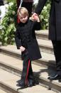 <p>Prince George served as a page boy in his uncle Harry's wedding. For the occasion, he sported a mini design of his dad's Blues and Royals uniform.</p>