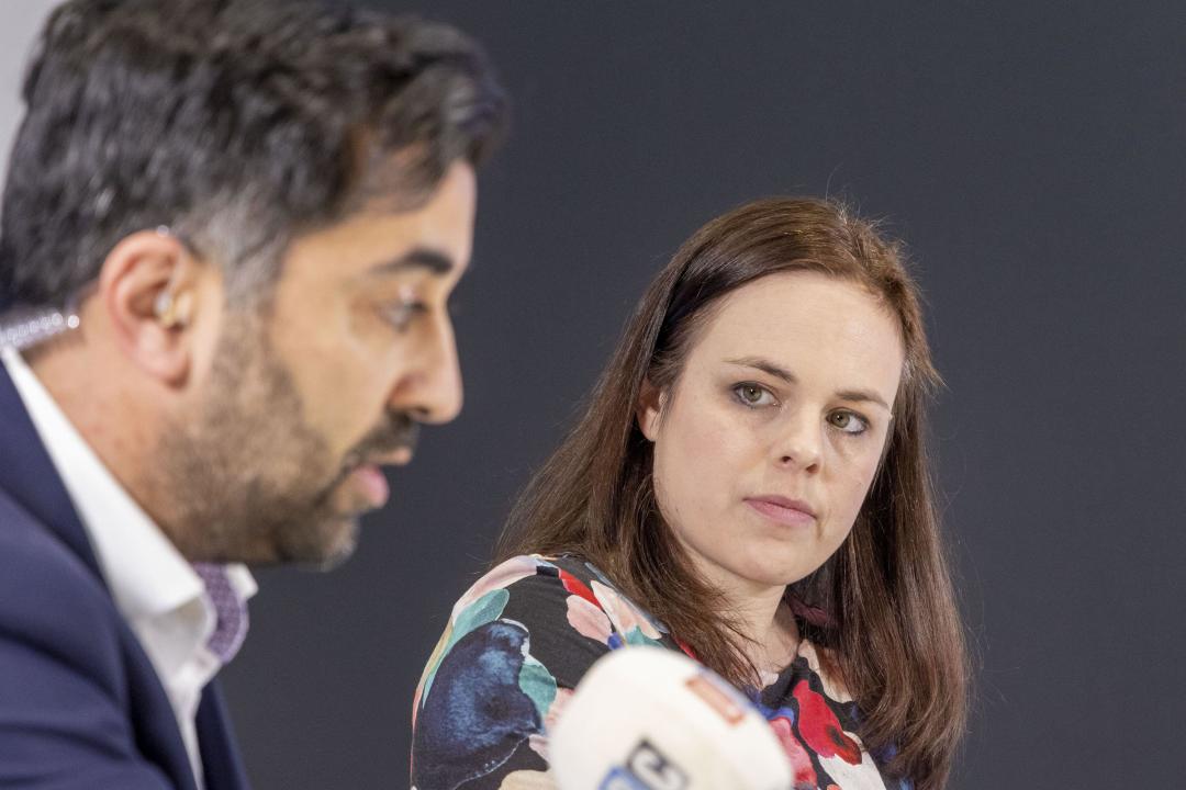 File photo dated 20/03/23 of SNP leader Humza Yousaf and Kate Forbes, during a SNP leadership hustings hosted by LBC at their studios in Glasgow. Humza Yousaf's former leadership rival Kate Forbes has urged colleagues to back him in the upcoming votes of no confidence, as the First Minister fights for his political future. Issue date: Saturday April 27, 2024.