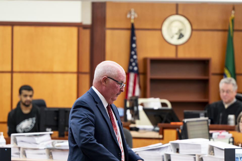 Defense attorney Brett Purtzer cross-examines Keyon Lowery during the trial of Tacoma Police Officers Christopher Burbank, Matthew Collins and Timothy Rankine in the killing of Manny Ellis at Pierce County Superior Court, Tuesday, Oct. 10, 2023, in Tacoma, Wash. (Brian Hayes/The News Tribune via AP, Pool)