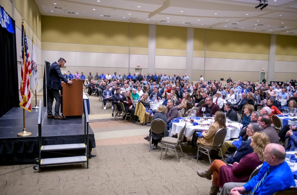 Former Chicago Cubs and Kansas City Royals star Ben Zobrist speaks during the induction ceremony for the 2023 Greater Peoria Sports Hall of Fame on Saturday, March 25, 2023 at the Peoria Civic Center.