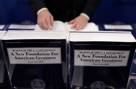 A Senate Budget Committee staff member pages through a copy of President Trump's Fiscal Year 2018 budget on Capitol Hill in Washington, U.S., May 23, 2017. REUTERS/Kevin Lamarque