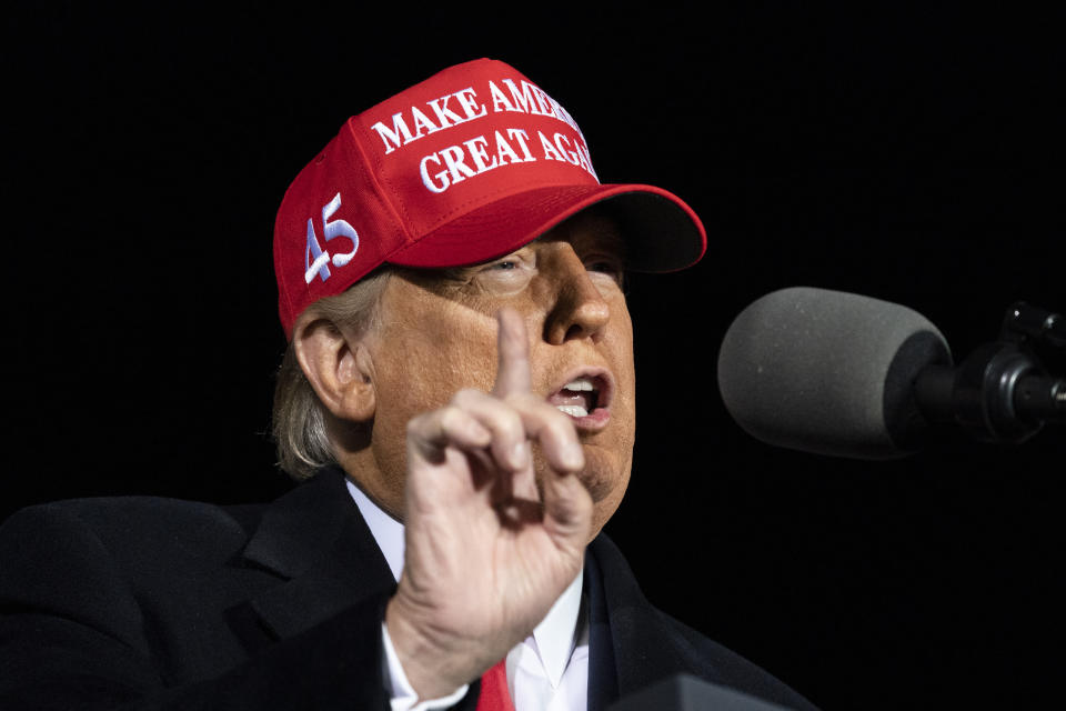 FILE - President Donald Trump speaks during a campaign rally at Southern Wisconsin Regional Airport, Oct. 17, 2020, in Janesville, Wis. Andrew Iverson, the director of Trump's 2020 presidential campaign in Wisconsin, who pushed allegations of widespread fraud that were ultimately debunked, has been hired to run the Republican Party of Wisconsin heading into the November 2024 election. (AP Photo/Alex Brandon, File)