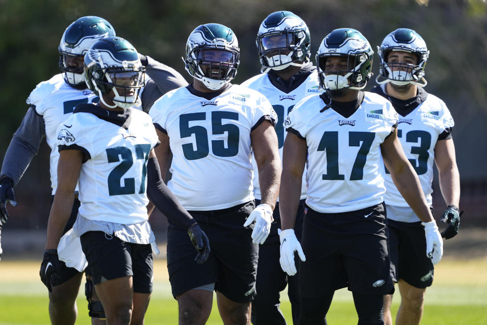 The Philadelphia Eagles work out during an NFL football Super Bowl team practice, Thursday, Feb. 9, 2023, in Tempe, Ariz. The Eagles will face the Kansas City Chiefs in Super Bowl 57 Sunday. (AP Photo/Matt York)