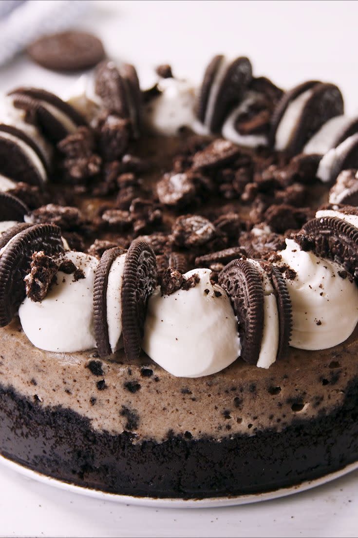 <p>Oreos give this cheesecake a serious cookies 'n cream vibe.</p><p>Get the recipe from <a href="https://www.delish.com/cooking/recipe-ideas/recipes/a45121/oreo-cheesecake-recipe/" rel="nofollow noopener" target="_blank" data-ylk="slk:Delish;elm:context_link;itc:0;sec:content-canvas" class="link ">Delish</a>.</p>