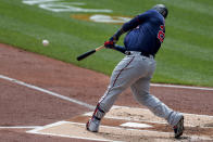 Minnesota Twins' Miguel Sano hits a three-run homer off Pittsburgh Pirates starting pitcher JT Brubaker in the first inning of a baseball game, Thursday, Aug. 6, 2020, in Pittsburgh. (AP Photo/Keith Srakocic)