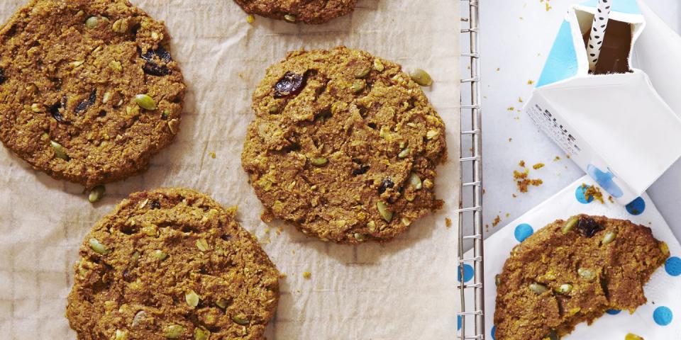 <p>Cookies for breakfast? Yes, please! These protein-packed dreams have pumpkin spice, pumpkin puree <em>and</em> pumpkin seeds. </p><p><em><a href="https://www.goodhousekeeping.com/food-recipes/dessert/a35274/pumpkin-cherry-breakfast-cookies/" rel="nofollow noopener" target="_blank" data-ylk="slk:Get the recipe for Pumpkin-Cherry Breakfast Cookies »;elm:context_link;itc:0;sec:content-canvas" class="link ">Get the recipe for Pumpkin-Cherry Breakfast Cookies »</a></em><br></p><p><strong>RELATED: </strong><a href="https://www.goodhousekeeping.com/food-recipes/dessert/g32815642/fall-cookies/" rel="nofollow noopener" target="_blank" data-ylk="slk:45 Tasty Fall Cookies to Get You in the Pumpkin Spice Spirit;elm:context_link;itc:0;sec:content-canvas" class="link ">45 Tasty Fall Cookies to Get You in the Pumpkin Spice Spirit</a></p>