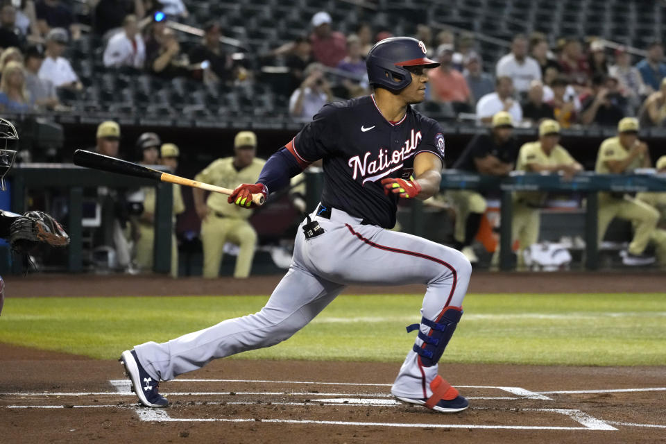 Washington Nationals' Juan Soto grounds out against the Arizona Diamondbacks during the first inning of a baseball game Friday, July 22, 2022, in Phoenix. (AP Photo/Rick Scuteri)