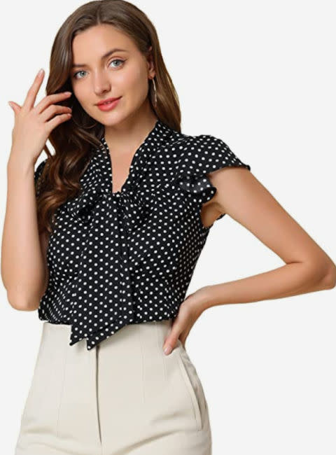 meghan markle polka dot pussy bow tie neck blouse polo