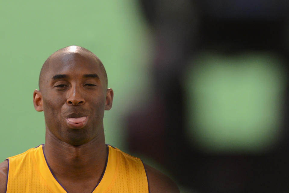 EL SEGUNDO, CA - OCTOBER 01: Kobe Bryant #24 of the Los Angeles Lakers makes a face during a video take during Media Day at Toyota Sports Center on October 1, 2012 in El Segundo, California. (Photo by Harry How/Getty Images)