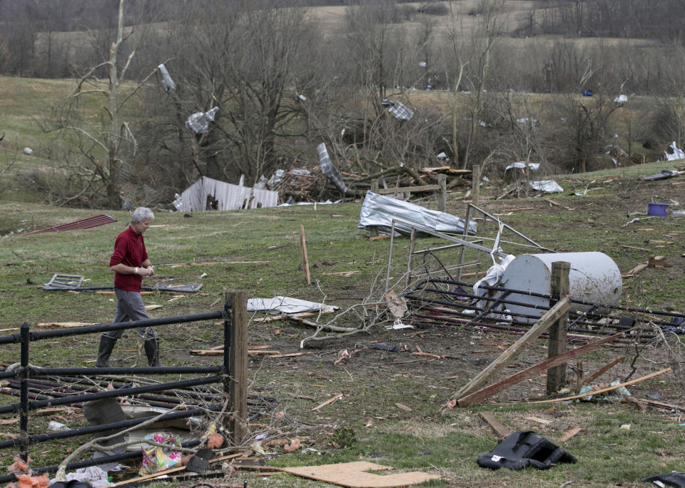 Debris litters a field after a tornado touched down in McCracken County, Ky., on Thursday, March 14, 2019. (Ellen O'Nan/The Paducah Sun via AP)