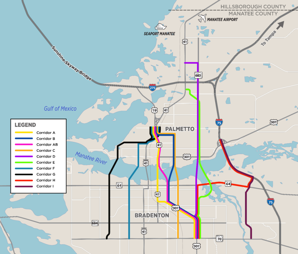 Ten possible alternative corridors are under consideration by the Florida Department of Transportation to alleviate the overload of traffic on the DeSoto Bridge between Bradenton and Palmetto. FDOT graphic