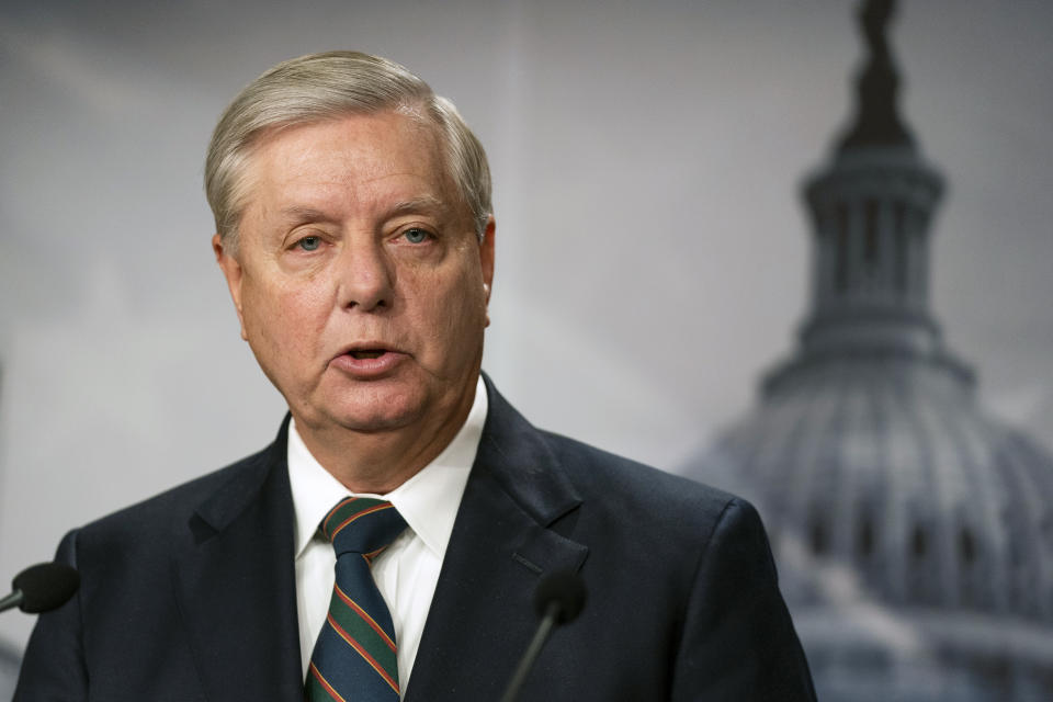 Sen. Lindsey Graham, R-S.C., speaks to reporters during a news conference at the Capitol, Thursday, Jan. 7, 2021, in Washington. Graham said Thursday that the president must accept his own role in the violence that occurred at the U.S. Capitol. (AP Photo/Manuel Balce Ceneta)