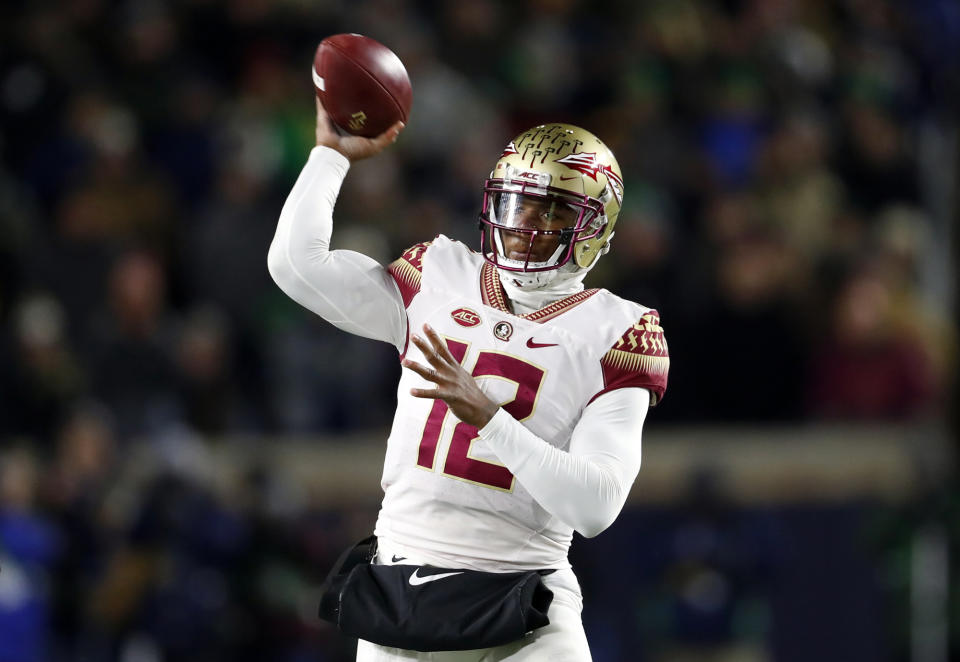 Florida State quarterback Deondre Francois (12) prepares to throw in the first half of an NCAA college football game against the Notre Dame in South Bend, Ind., Saturday, Nov. 10, 2018. (AP Photo/Paul Sancya)