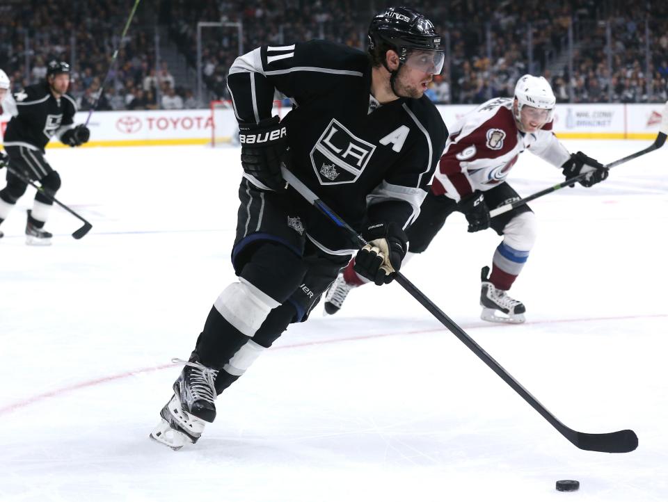 LOS ANGELES, CA - APRIL 04:   Anze Kopitar #11 of the Los Angeles Kings skates with the puck against the Colorado Avalanche at Staples Center on April 4, 2015 in Los Angeles, California.  (Photo by Stephen Dunn/Getty Images)