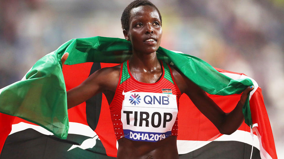 Agnes Tirop, pictured here after winning bronze in the 10,000m at the World Athletics Championships in 2019.