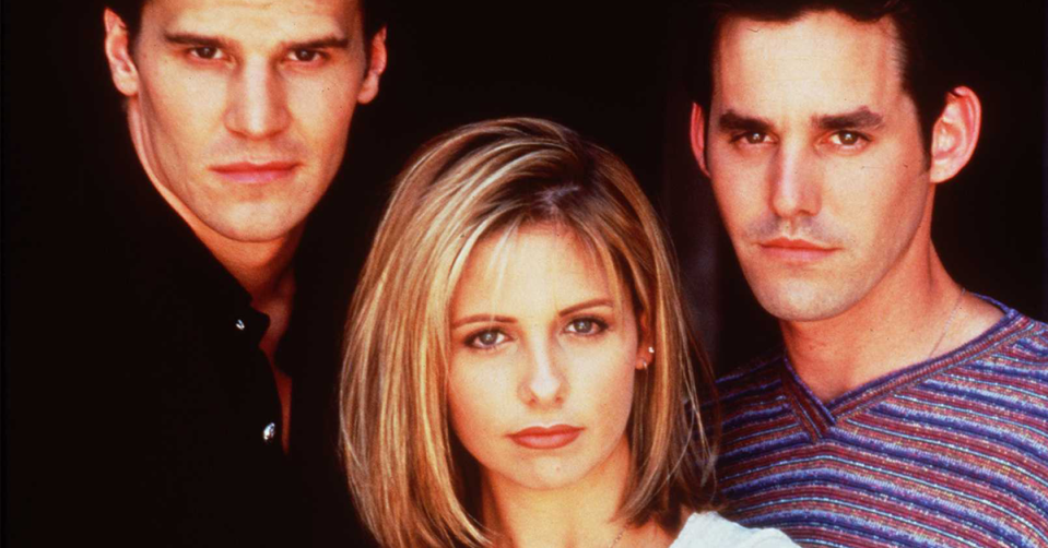 David Boreanaz, Sarah Michelle Gellar and Nicholas Brendon in a photo promoting Buffy.