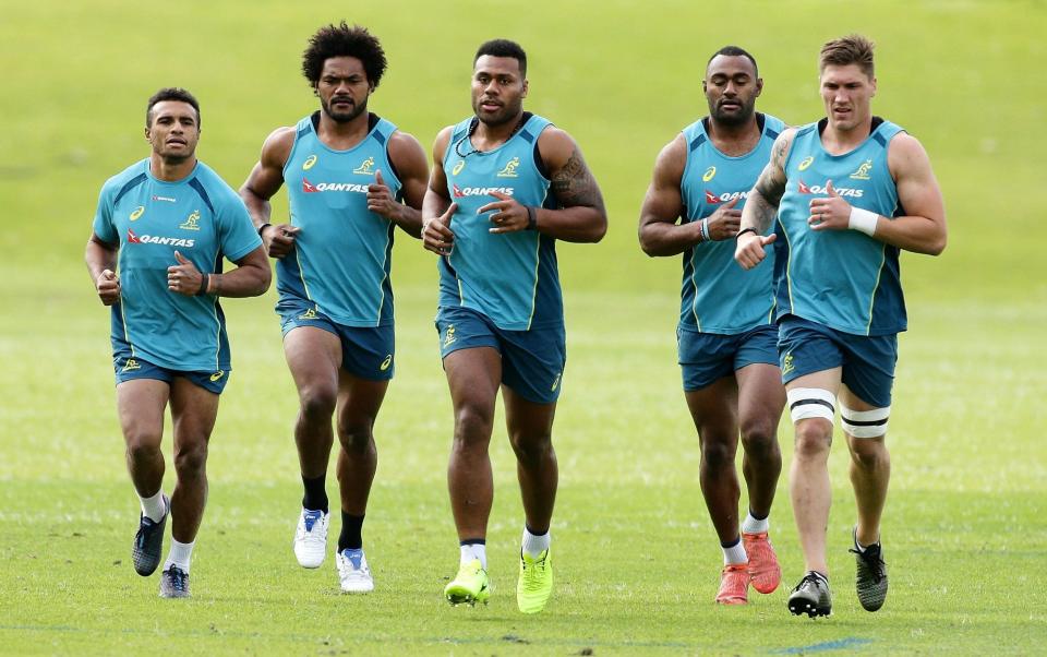 Will Genia, Henry Speight, Samu Kerevi, Tevita Kuridrani, Sean McMahon of the Wallabies run laps during an Australian Wallabies training session at McGillivray Oval on September 4, 2017 in Perth, Australia - GETTY IMAGES