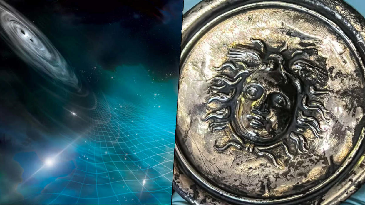  Gravitational waves and a Roman phalera, or military medal, featuring Medusa with two wings atop her head 