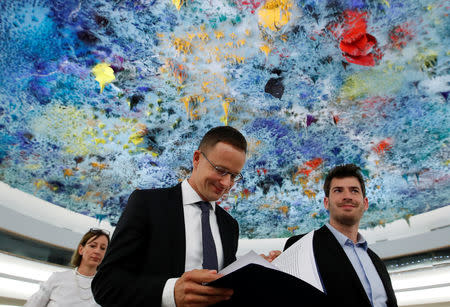 Hungarian Foreign Minister Peter Szijjarto leaves after addressing the Human Rights Council at the United Nations in Geneva, Switzerland September 19, 2018. REUTERS/Denis Balibouse