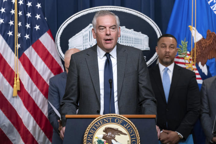 Assistant Secretary for Export Enforcement Matthew Axelrod of the U.S. Commerce Department, speaks during a news conference at the Department of Justice in Washington, Tuesday, May 16, 2023. (AP Photo/Jose Luis Magana)