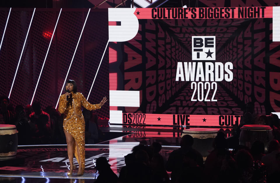 Host Taraji P. Henson speaks at the BET Awards on Sunday, June 26, 2022, at the Microsoft Theater in Los Angeles. (AP Photo/Chris Pizzello)