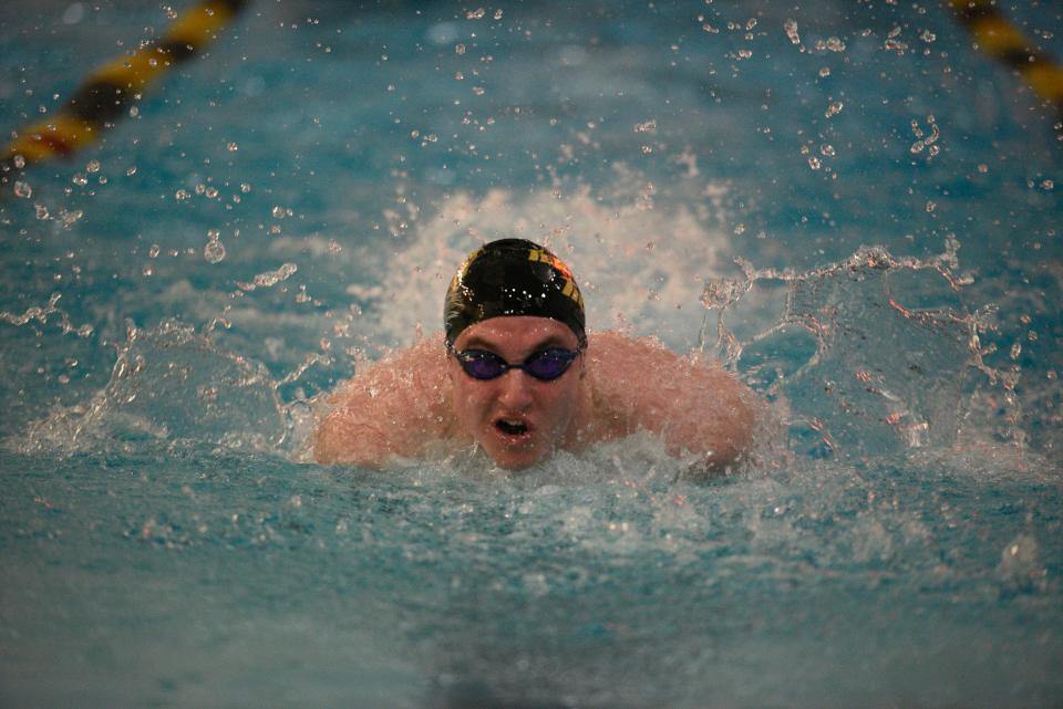 Big North American league championship swim meet at Hackensack High School on Wednesday, February 2, 2022. Aaron Baltaytis, of Tenafly, in the boys 100 yard butterfly. 