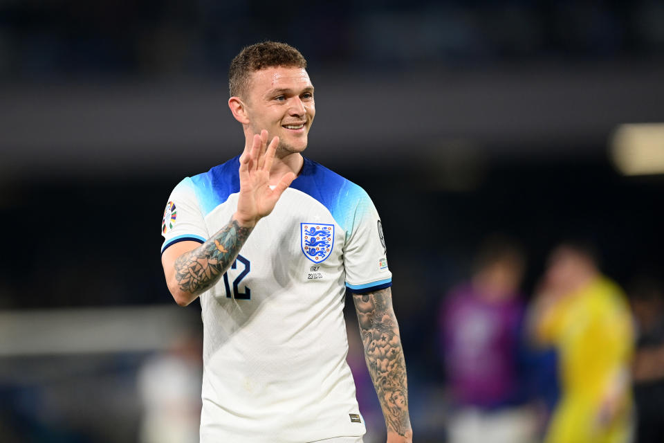 NAPLES, ITALY - MARCH 23: Kieran Trippier of England acknowledges fans after the UEFA EURO 2024 qualifying round group C match between Italy and England at Stadio Diego Armando Maradona on March 23, 2023 in Naples, Italy. (Photo by Michael Regan/Getty Images)