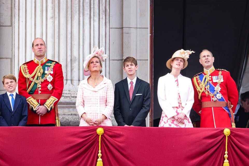 Prince George of Cambridge, Prince William, Duke of Cambridge, Sophie, Countess of Wessex, James, Viscount Severn, Lady Louise Windsor and Prince Edward, Earl of Wessex on the balcony of Buckingham Palace.