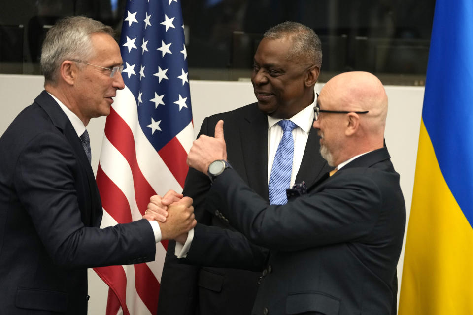 From left, NATO Secretary General Jens Stoltenberg, United States Secretary of Defense Lloyd Austin and Ukraine's Defense Minister Oleksiy Reznikov during a meeting of the Ukraine Defense Contact Group at NATO headquarters in Brussels, Thursday, June 15, 2023. NATO defense ministers are holding two days of meetings to discuss their support for Ukraine and ways to boost the defenses of eastern flank allies near Russia. A meeting of the Ukraine Contact Group is being held to drum up more military aid for the war-torn country. (AP Photo/Virginia Mayo)
