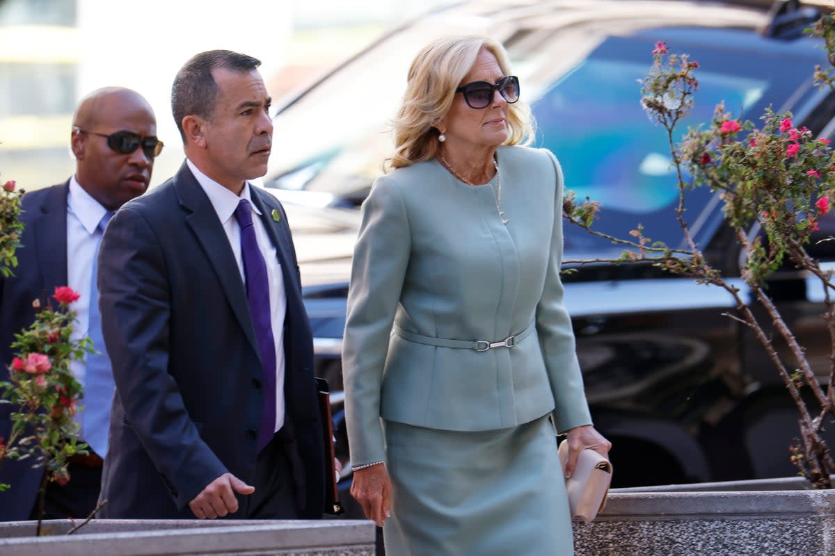 First lady Jill Biden and her senior advisor Anthony Bernal (L) arrive to the J. Caleb Boggs Federal Building for the trial of Hunter Biden, son of U.S. President Joe Biden, on June 04, 2024 in Wilmington, Delaware. Opening statements begin today in Hunter Biden's trial for felony gun charges (Getty Images)