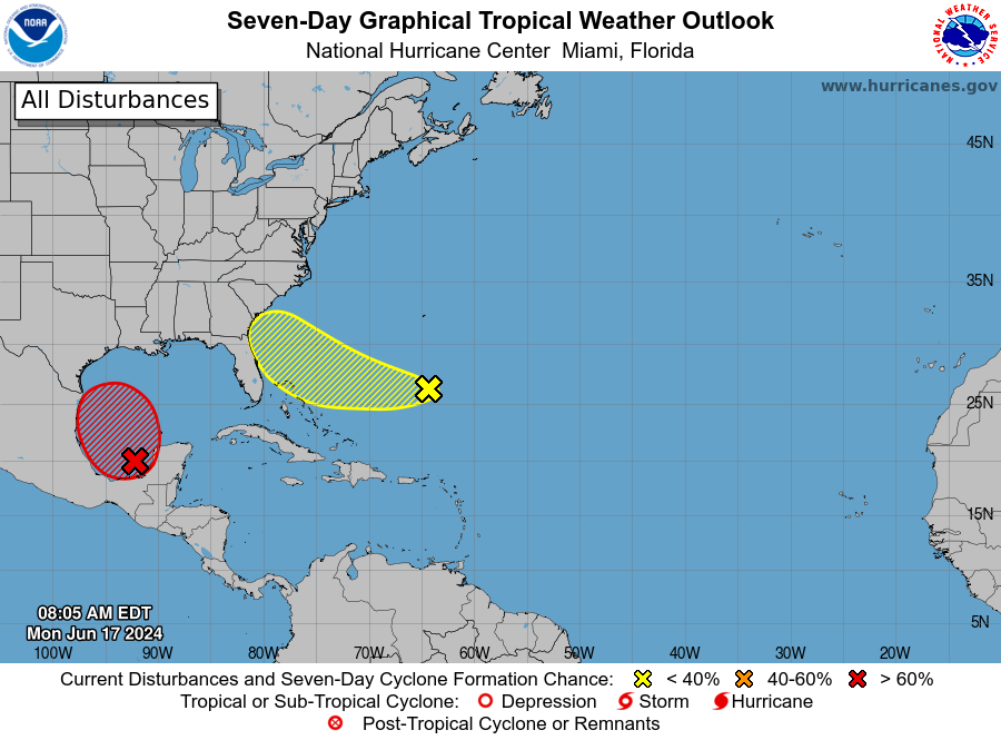 Two separate tropical systems are forecast to impact the U.S. this week: One will affect the Gulf Coast, the other the Southeast coast.