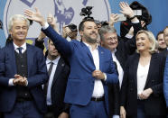 FILE - In this Saturday May 18, 2019 file photo, from left, Geert Wilders, leader of the Dutch Party for Freedom, Italy's Matteo Salvini, Jorg Meuthen, leader of the Alternative For Germany party, and Marine Le Pen, attend a rally ahead of the May 23-26 European Parliamentary elections, in Milan, Italy. The European Parliament elections have never been so hotly anticipated or contested, with many predicting that this year’s ballot will mark a coming-of-age moment for the euroskeptic far-right movement. The elections start Thursday May 23, 2019 and run through Sunday May 26 and are taking place in all of the European Union’s 28 nations. (AP Photo/Luca Bruno, File)