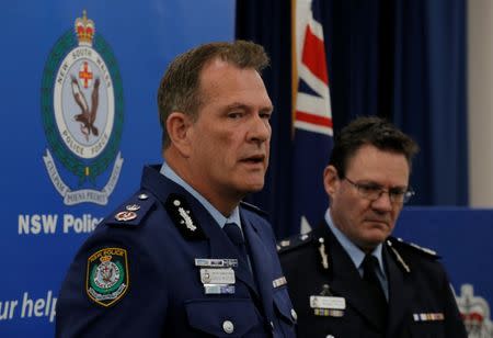 New South Wales Police Deputy Commissioner David Hudson (L) and Australian Federal Police Deputy Commissioner Michael Phelan speak at a press conference related to arrests in a foiled aircraft attack plot at the Australian Federal Police (AFP) headquarters in Sydney, Australia, August 4, 2017. REUTERS/Jason Reed