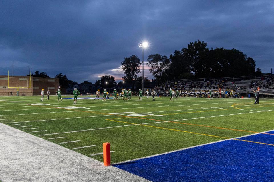 A general view during the South Bend Riley-South Bend Washington high school football game on Friday, September 23, 2022, at TCU School Field in South Bend, Indiana.