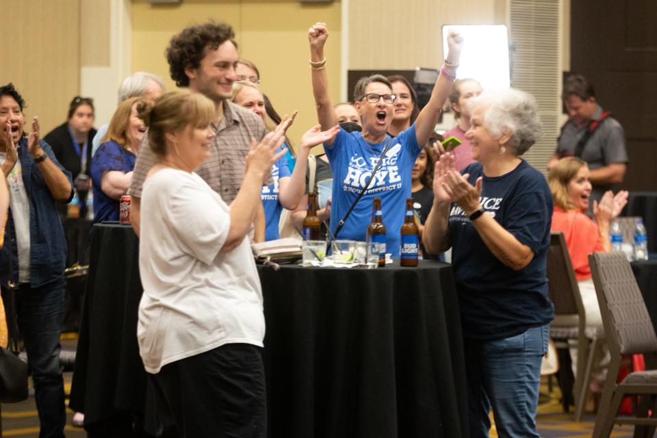 Abortion-rights supporters rejoice Tuesday at a Kansans for Constitutional Freedom election watch party at the Overland Park Convention Center as early polls showed voters were rejecting an amendment that would have specified that the state constitution does not "create or secure a right to abortion."