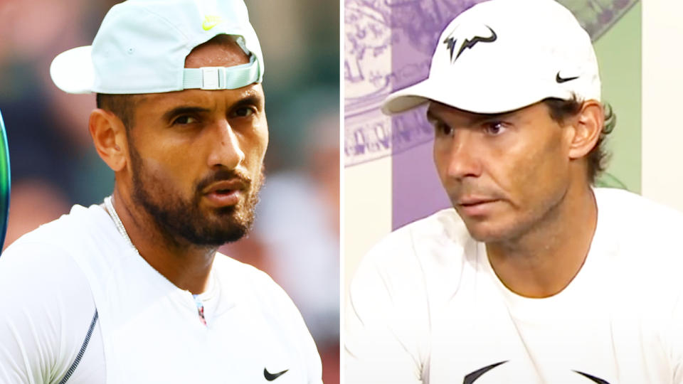 Rafa Nadal, pictured here admitting he might not be fit to play Nick Kyrgios in the Wimbledon semi-final.