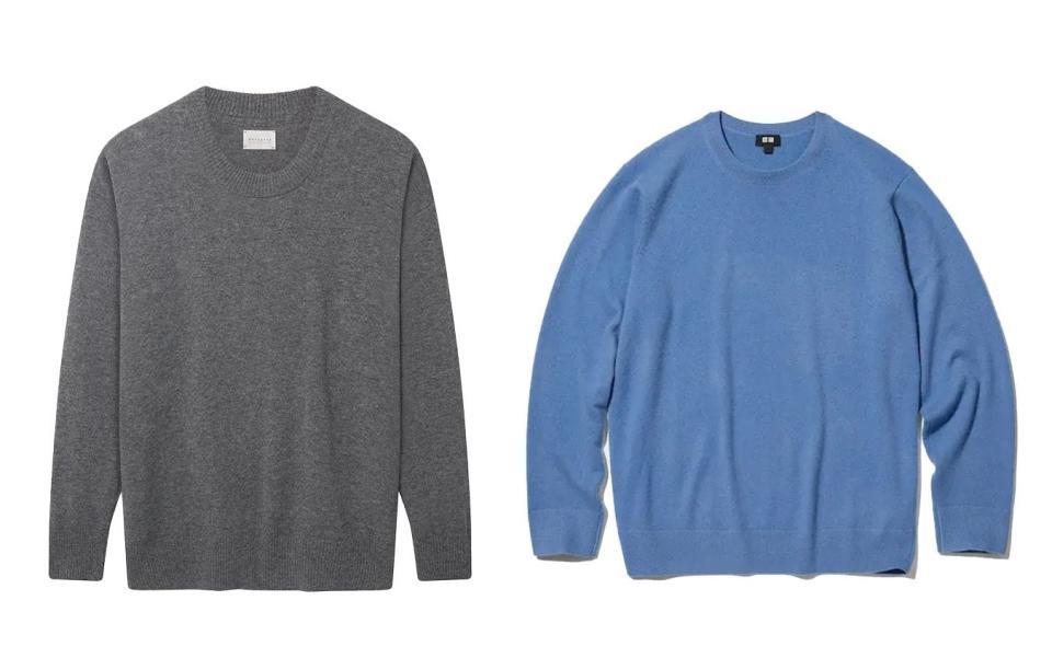 Navy merino crew neck, £95, Rise & Fall; dark beige merino knit, £57, Arket