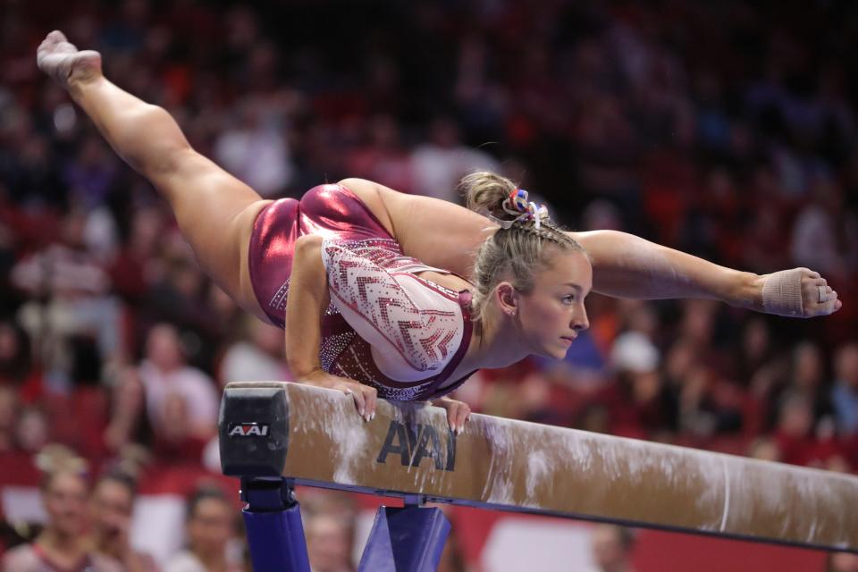 Oklahoma's Audrey Davis competes on the beam during a women's college gymnastics meet between the University of Oklahoma Sooners (OU) and Florida at Lloyd Noble in Norman, Okla., Friday, March 3, 2023. 