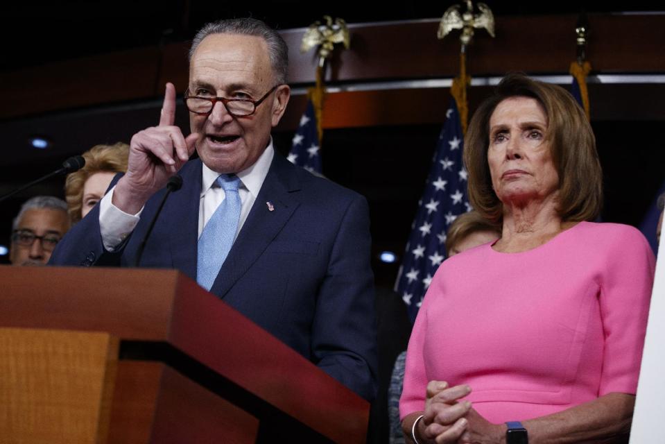 Senate Minority Leader Charles Schumer of N.Y., accompanied by House Minority Leader Nancy Pelosi of Calif., speaks during a news conference about President Barack Obama's signature healthcare law, Wednesday, Jan. 4, 2017, on Capitol Hill in Washington. (AP Photo/Evan Vucci)