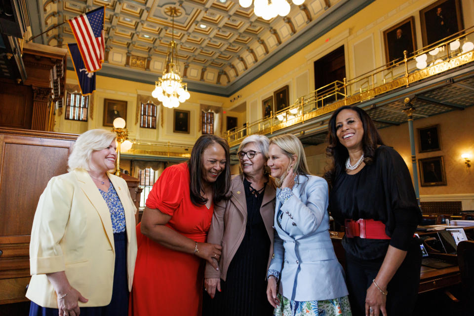 South Carolina State Senator's (from left to right) Penry Gustafson, Margie Bright Matthews, Katrina Shealy, Sandy Senn and Mia McCleod pose for a portrait on the floor of the senate floor inside South Carolina State House in downtown Columbia, SC on May 11, 2023.  (The Washington Post / The Washington Post via Getty Images)