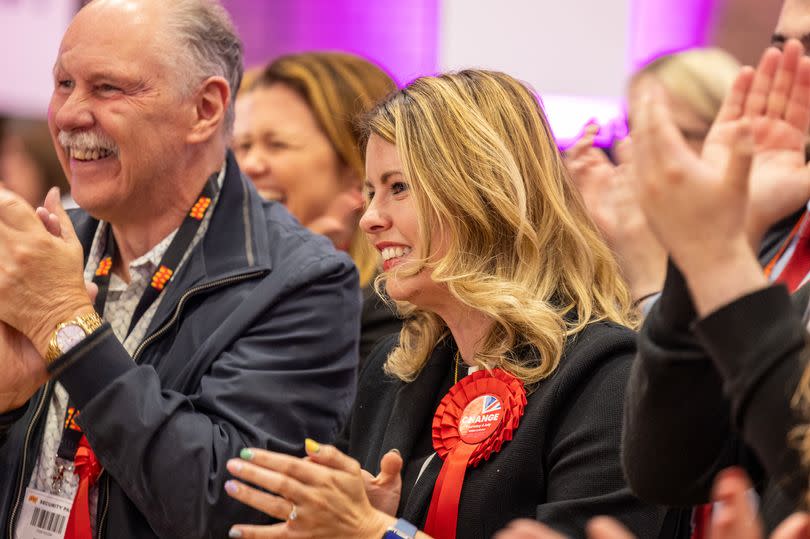 Labour mayor Kim McGuiness celebrates the Labour win in Cramlington and Killingworth.
