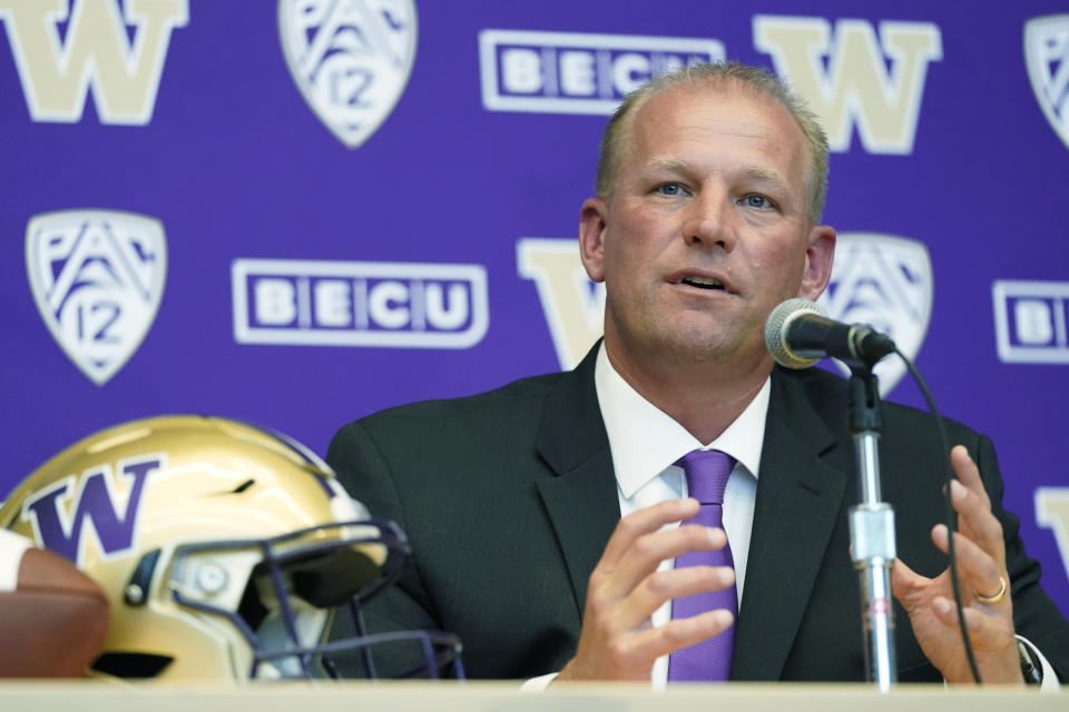 FILE - Kalen DeBoer speaks during a news conference to introduce him as the new head NCAA college football coach at the University of Washington in Seattle, Tuesday, Nov. 30, 2021. Alabama is negotiating with Washington coach Kalen DeBoer and is close to hiring him as the replacement for Nick Saban, a person with direct knowledge of the talks said Friday, Jan. 12, 2024. (AP Photo/Ted S. Warren, File)